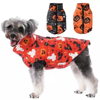 Зимняя теплая одежда для собак средних и маленьких пород, куртка для щенков с принтом тыквы на Хэллоуин, с D-образным кольцом, шнауцер, йоркширский мопс, пальто для домашних животных S