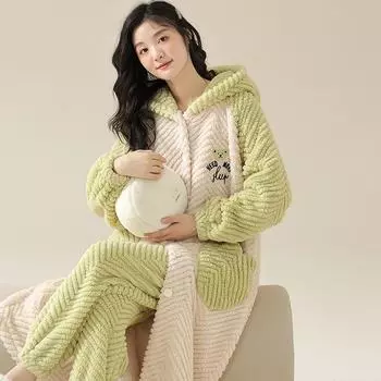 Зимняя теплая пижама с капюшоном, женский халат, штаны, пижамный комплект для молодых девушек, домашняя одежда из кораллового флиса M