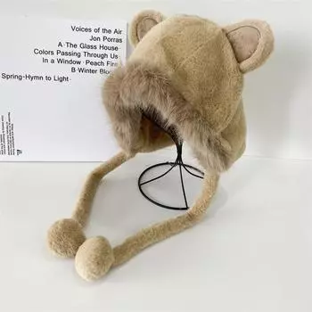 Зимняя теплая плюшевая шапка, модная новая шнуровка, помпон, шарики, шапка, милая шапка с ушками медведя, женская ветрозащитная наружная защита ушей 56-58cm белый