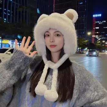 Зимняя теплая плюшевая шапка, модная новая шнуровка, помпон, шарики, шапка, милая шапка с ушками медведя, женская ветрозащитная наружная защита ушей покинуть белый