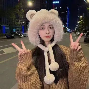 Зимняя теплая плюшевая шнуровка помпоновые шарики милый медведь женская шапка модная уличная ветрозащитная ушная защита шапки хаки