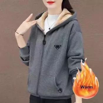 Зимняя теплая повседневная флисовая толстовка на молнии с капюшоном и подкладкой из искусственной овечьей шерсти для женщин, свободные толстые толстовки с длинным рукавом, топы XXXXL чёрный