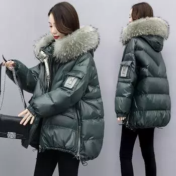 Зимняя теплая пуховая хлопковая куртка с меховым воротником и капюшоном, свободное женское утепленное пальто XXL чёрный