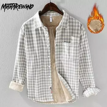 Зимняя теплая рубашка, мужская клетчатая рубашка с длинным рукавом, повседневные повседневные рубашки, хлопковая флисовая рубашка с лацканами, молодежная мода, утолщенные свободные мужские топы M абрикосовый