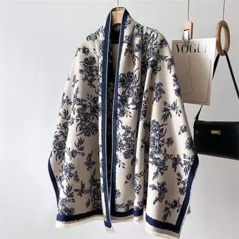 Зимняя теплая шаль, элегантный цветочный кашемировый шарф, женский толстый шарф-одеяло, пашмина, буфанда, кисточка, женский длинный платок