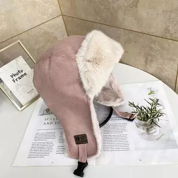 Зимняя теплая шапка-бомбер из замши и плюша, пилотская шапка, модная ретро-защита для ушей, парная лыжная шапка для верховой езды, русская ушанка Lei Feng чёрный