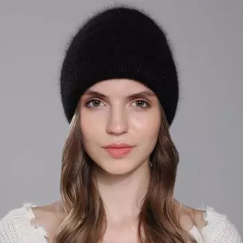 Зимняя теплая шапка из ангорской кроличьей шерсти, женские вязаные шерстяные универсальные шапки для защиты ушей OneSize чёрный