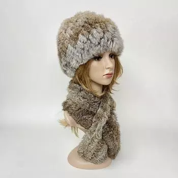 Зимняя теплая шапка из меха кролика, шарф, комплект из натурального меха, вязаная шаль, высокая эластичная женская шапочка