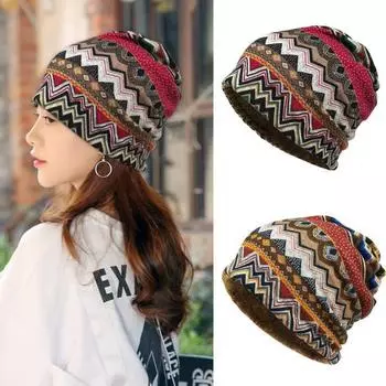 Зимняя теплая шапка, очень мягкая, износостойкая, ветрозащитная, защита для шеи, этнический принт, женская шапка двойного назначения, шарф синий