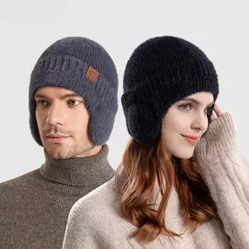 Зимняя теплая шапка плюшевая вязаная шерстяная утолщенная теплая женская мужская защита от холода унисекс One Size темно-синий