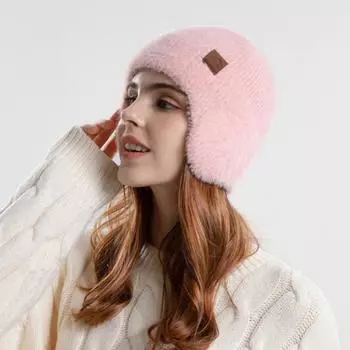 Зимняя теплая шапка, плюшевая вязаная шерстяная женская защитная шапка для ушей от холода One Size чёрный