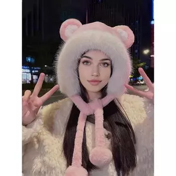 Зимняя теплая шапка с милыми медвежьими ушками, женская плюшевая шапка-бини, ветрозащитная шапка для девочек