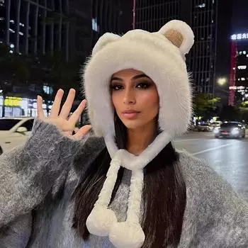 Зимняя теплая шапка с милыми медвежьими ушками, пушистая шапка, милая пушистая шапка-бини для девочек и женщин, подходит для шопинга, путешествий и отдыха на природе белый