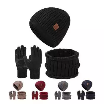 Зимняя теплая шапка, шарф, перчатки, комплект, мужская уличная вельветовая защита ушей, вязаная шапка, рукав, шапка, шапки-бини чёрный