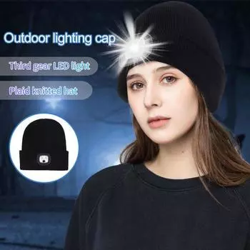 Зимняя теплая шапка со светодиодной подсветкой, мягкая легкая, эластичная, ветрозащитная, утолщенная, однотонная, вязаная чёрный