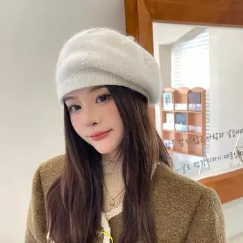 Зимняя теплая шапка, термошапка, женская, берет, эластичная, трикотажная, однотонная, мягкая, плотная, ветрозащитная, декоративная One size белый