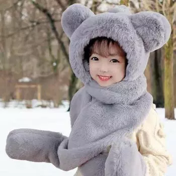 Зимняя теплая шапка «три в одном» с шарфом, перчатки, супермягкая ветрозащитная плюшевая шапка с медвежьими ушками, шарф, зимние аксессуары для малышей светло-желтого