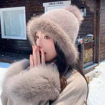 Зимняя теплая шапка-ушанка из меха кролика, женская зимняя плюшевая вязаная шерстяная шапка, морозостойкая плюшевая шапка Lei Feng