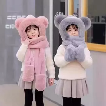 Зимняя теплая шапка женская велосипедная съемная ветрозащитная и защитная маска от холода родитель-ребенок утолщенный комплект из трех предметов шарф интегрированная шапка бежевый