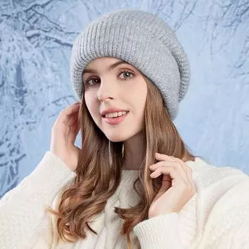 Зимняя теплая шерстяная шапка с наушниками для головы, женская вязаная шапка с большой окружностью головы серый