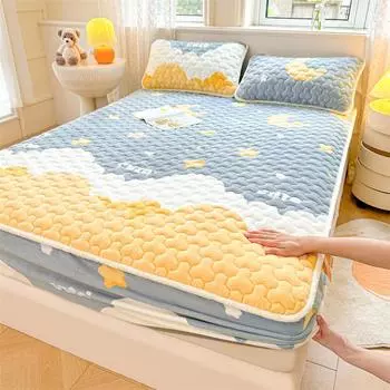 Зимняя теплая стеганая бархатная простыня на резинке двуспальное покрывало нескользящий защитный чехол для матраса простыня для двуспальной кровати постельное белье покрывало 90x200cm-1pc