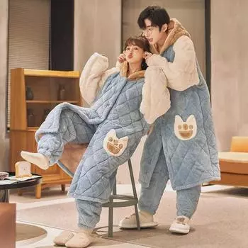 Зимняя теплая стеганая пижама для пары 2023 года — женская длинная ночная рубашка и мужская фланелевая домашняя одежда Women s XL