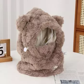 Зимняя теплая толстовка с капюшоном «Медведь», симпатичная плюшевая защитная шея для девочек, закрывающая лицо, толстовка с капюшоном, ветрозащитная шапка для верховой езды бежевый