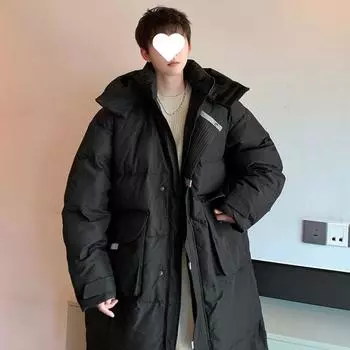 Зимняя теплая утолщенная и длинная модная студенческая молодежная куртка с капюшоном длиной до колена на белом утином пуху для мужчин M красный