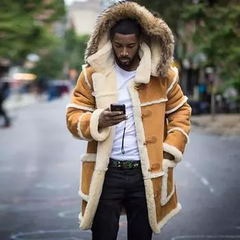 Зимняя теплая утолщенная мужская куртка из искусственного меха, повседневная флисовая строчка, облегающая куртка с карманами и лацканами, верхняя одежда высокого качества S жёлтый