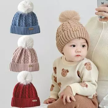 Зимняя теплая вязаная детская шапка однотонная шапка для девочек и мальчиков шапка с ушками детская шапка для защиты ушей для младенцев корейская детская шапка красный
