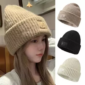 Зимняя теплая вязаная шапка-бини для женщин, свободная, утолщенная, защита ушей, ветрозащитная шерстяная шапочка, новая мода, универсальные ворсовые шапки бежевый