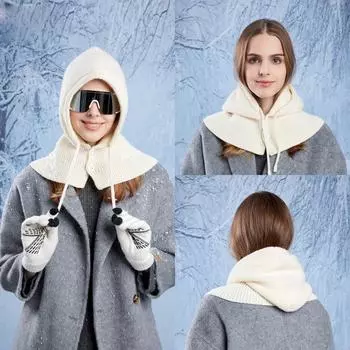 Зимняя теплая вязаная шапка с защитой ушей и перчатками, женская шаль, цельный пуловер, шерстяная шапка серый