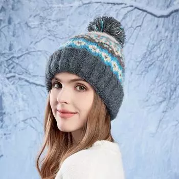 Зимняя теплая вязаная шапка, защищающая от холода, женская шапка с меховым шариком из шерсти красный