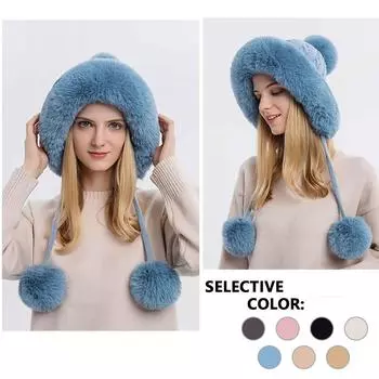 Зимняя теплая вязаная шапка, женская шапка Fu-r с ушами, двумя шариками, женская уличная утолщенная плюшевая шапка, русская шапка для женщин One Size бежевый