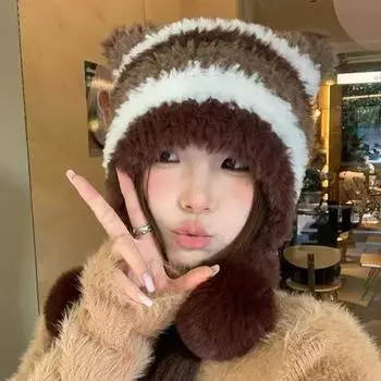 Зимняя теплая женская шапка-пуловер, толстая ветрозащитная шапка с кошачьими ушками, вязаная вручную шапка с контрастными полосками, милая шапка с кошачьими ушками кофейный