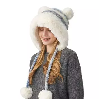 Зимняя теплая женская вязаная шапка из толстого плюша в тон синий