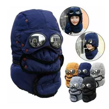 Зимняя термошапка-траппер с очками Зимняя ветрозащитная лыжная маска для езды на велосипеде чёрный