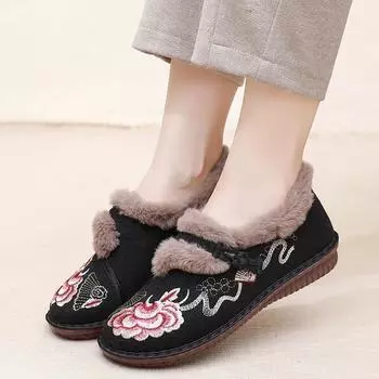 Зимняя тканевая обувь из бархата, теплая модная обувь в стиле ретро для мам, мягкая подошва, китайская хлопковая обувь 35 чёрный