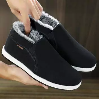 Зимняя тканевая обувь, мужская флисовая теплая обувь с высоким берцем из хлопка, нескользящая утолщенная плюшевая черная рабочая обувь 37