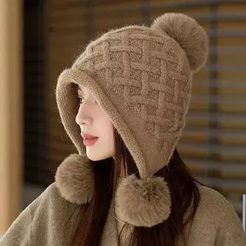 Зимняя толстая бархатная вязаная шапка для улицы, теплая защита ушей, три шерстяных шарика, шапка чёрный