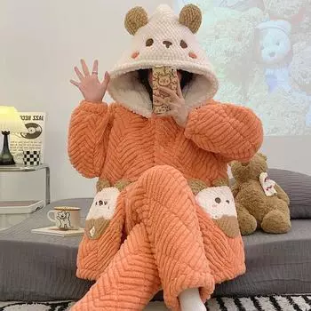 Зимняя толстая коралловая флисовая пижама женская трехслойная стеганая куртка милый теплый домашний костюм с капюшоном XXL зелёный