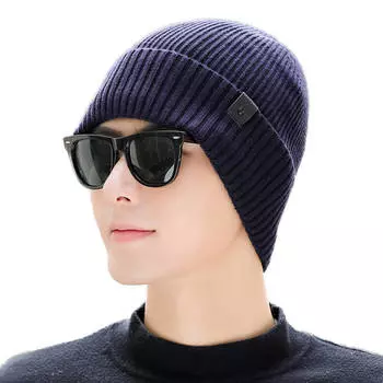 Зимняя толстая мужская шапка для улицы, ветрозащитная, защита ушей, теплая шапка, высокоэластичная, однотонная вязаная шапка чёрный