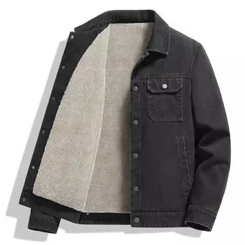 Зимняя толстая повседневная мужская флисовая джинсовая куртка с воротником из овечьего флиса XXXXXL чёрный