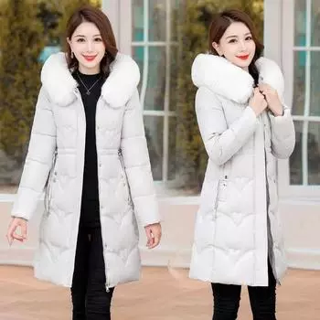 Зимняя толстая стеганая меховая куртка с капюшоном и пуховиком для женщин с поясом, тонкая, 2023 г., женская куртка, белая толстая парка на шнуровке XXXL чёрный