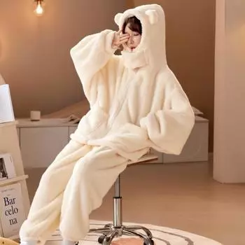 Зимняя толстая теплая фланелевая пижама, женская повседневная с капюшоном, бежевая, черная, повседневная домашняя одежда, женская бархатная домашняя пижама XL белый