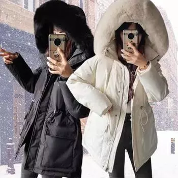 Зимняя толстая теплая хлопковая куртка-пуховик для женщин, повседневное однотонное пальто с большим меховым воротником и шнурком, элегантное женское короткое пальто с капюшоном M чёрный