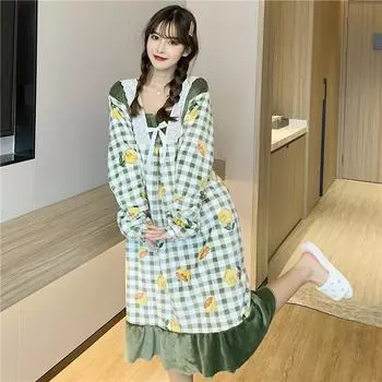 Зимняя толстая теплая женская фланелевая ночная рубашка с длинным рукавом, зеленая лимонная женская коралловая бархатная ночная рубашка, милая домашняя одежда для сна one size