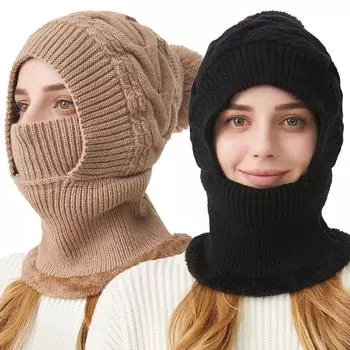 Зимняя толстая вязаная шапка женская эластичная теплая шапка маска шарф универсальная шапка чёрный