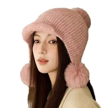 Зимняя толстая вязаная шапка женская уличная теплая бархатная защитная шерстяная шапка-шарф чёрный