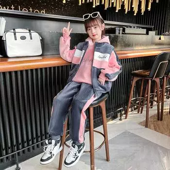 Зимняя толстовка для девочек, брюки, осенне-зимний детский утолщенный костюм, жилет, костюм-тройка 160 розовый